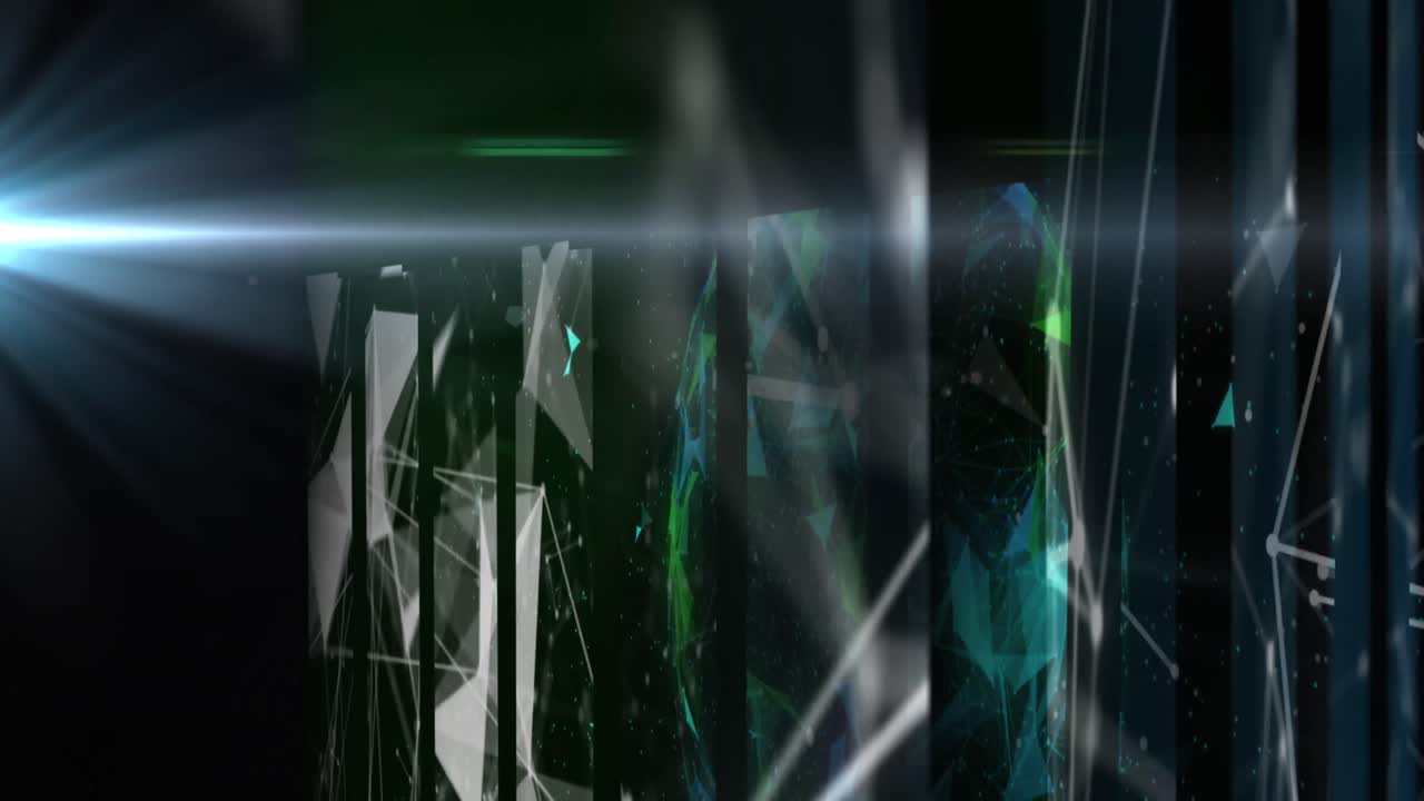 animación de formas en movimiento y globo sobre fondo negro.