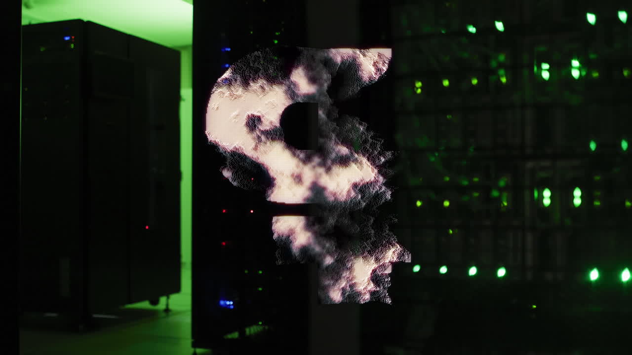 Pound symbol spinning against computer server room in background