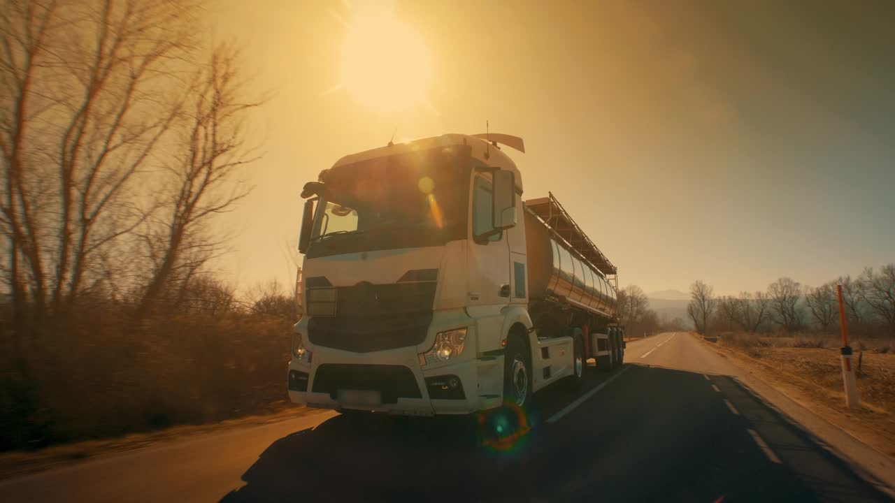 아름다운 날에 운전하는 연료 크 트럭