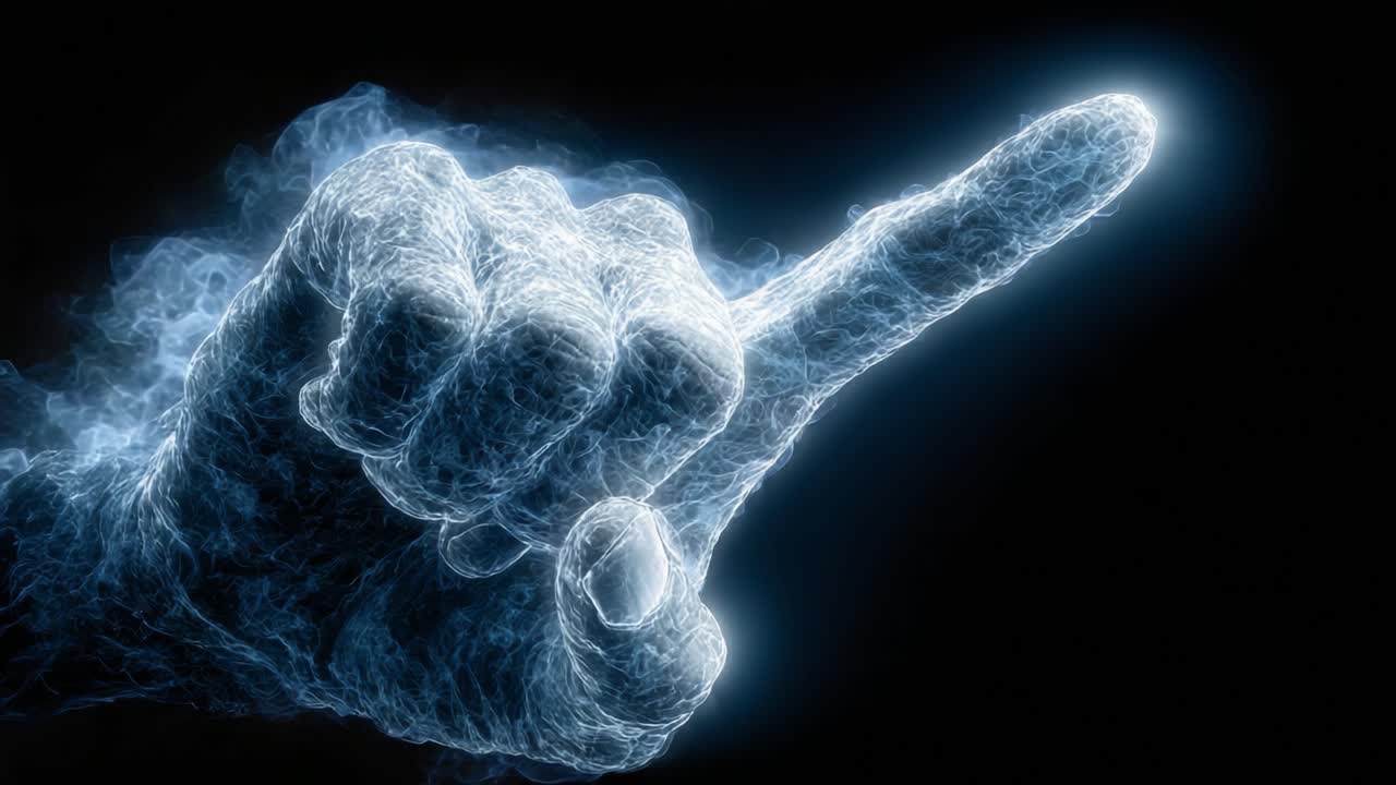 Eine leuchtende Hand, die mit erhobenem Finger gestikuliert, umgeben von ätherischem Rauch und Lichteffekten, fängt einen Moment der Betonung und Aufmerksamkeit in einer dramatischen Präsentation ein.