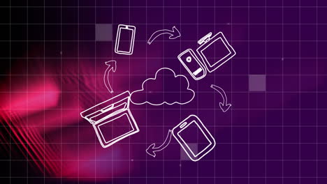 animación de iconos digitales y nubes sobre una cuadrícula rosada brillante
