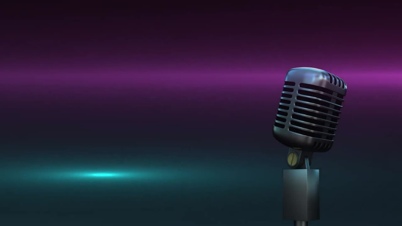 animación de un micrófono antiguo sobre un fondo púrpura y verde