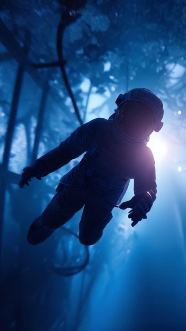 A solitary astronaut glides through a mysterious underwater landscape illuminated by eerie blue lighting, capturing a moment of serene exploration and discovery