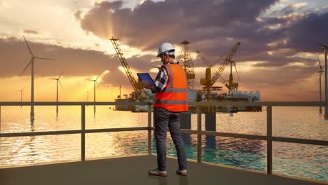 full body back view of asian male engineer with safety helmet working on tablet with wind turbine blueprint with offshore hydrogen production