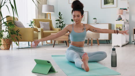 Yoga,-Frau-Und-Tablet-Für-Wellness