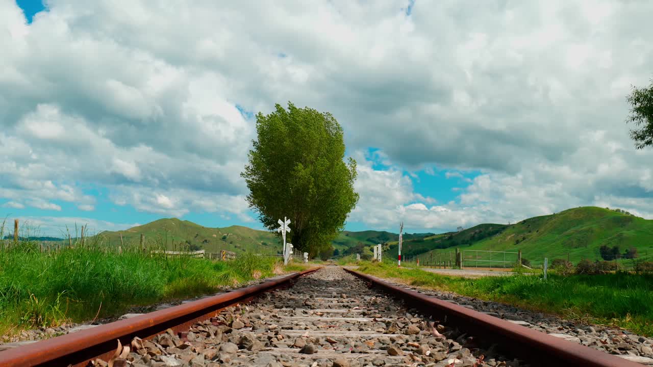 A scenic view of a railway line stretching across the landscape, highlighting the tracks and surrounding environment in an expansive, tranquil setting.