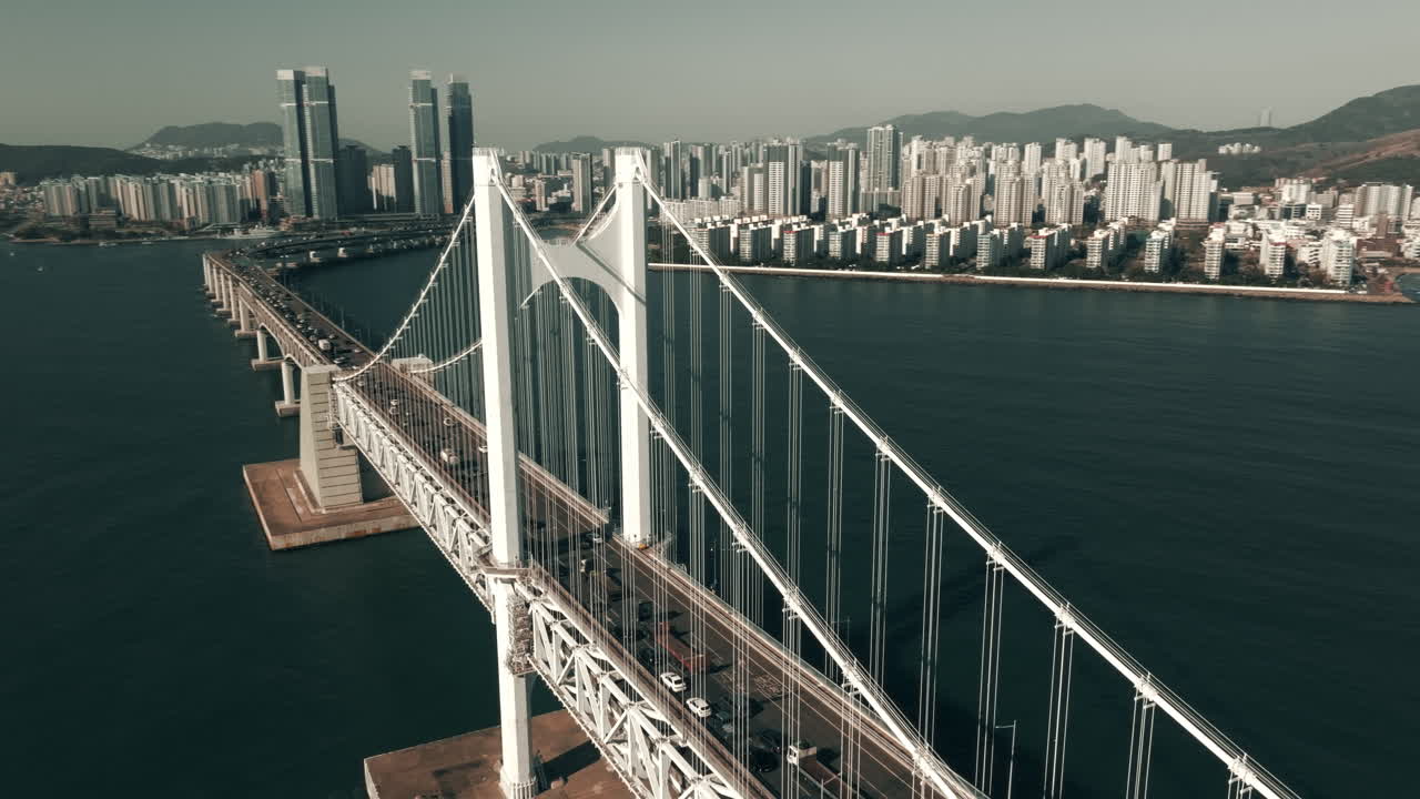 Aerial View of a Cable-Stayed Bridge in a Korean City