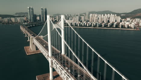 aerial view of a cable-stayed bridge in a korean city