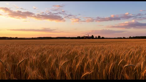 golden fields at sunset: a breathtaking view of wheat crops bathed in the warm glow of dusk, with a rustic farmhouse in the distance, evoking tranquility and rural charm