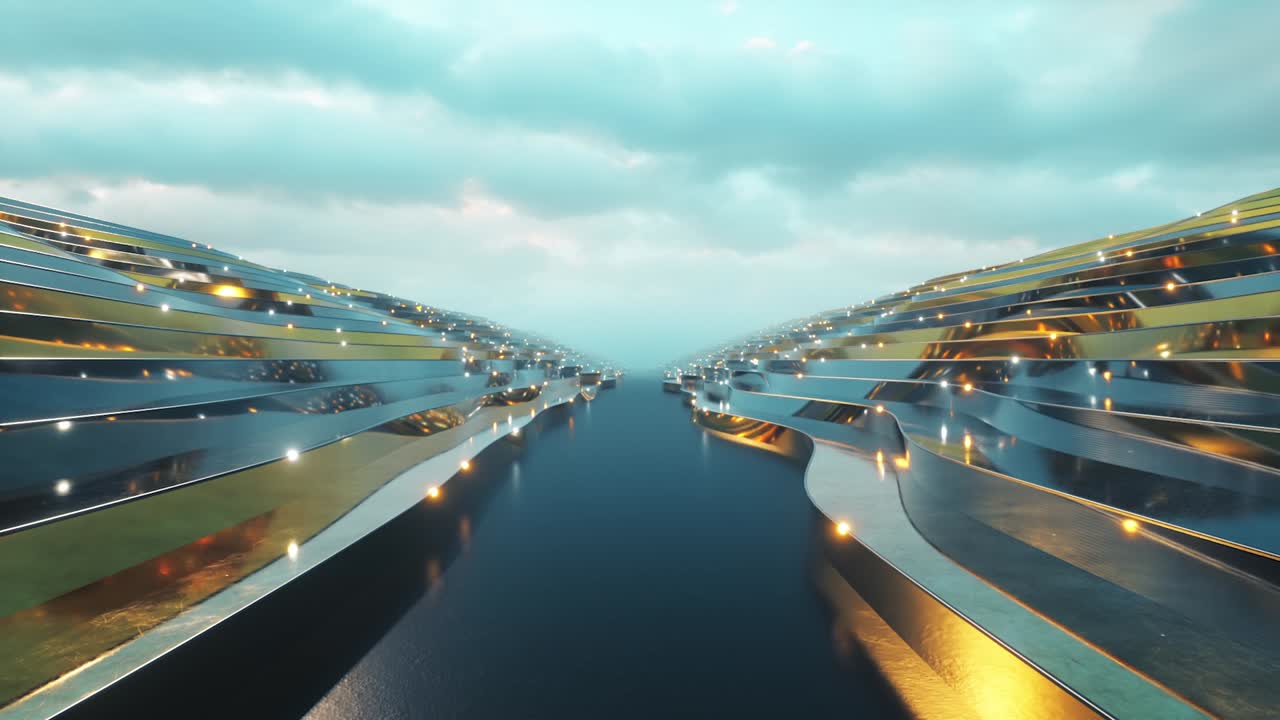 물결 모양의 단계 표면에서 추상적인 배경, 금 단계, 비즈니스 프레젠테이션을 위한 추상적 배경, 표면을 통해 신호를 전송하는 광섬유, 원활한 루프의 3d 애니메이션