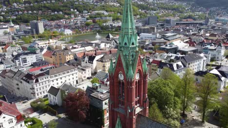 johannes church in bergen norway - close up rotating aerial around the tower