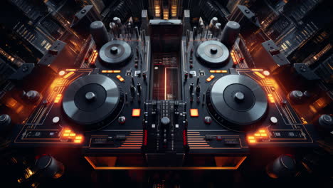 사이버 크 시의 스카이 라인과 dj 튜너 테이블