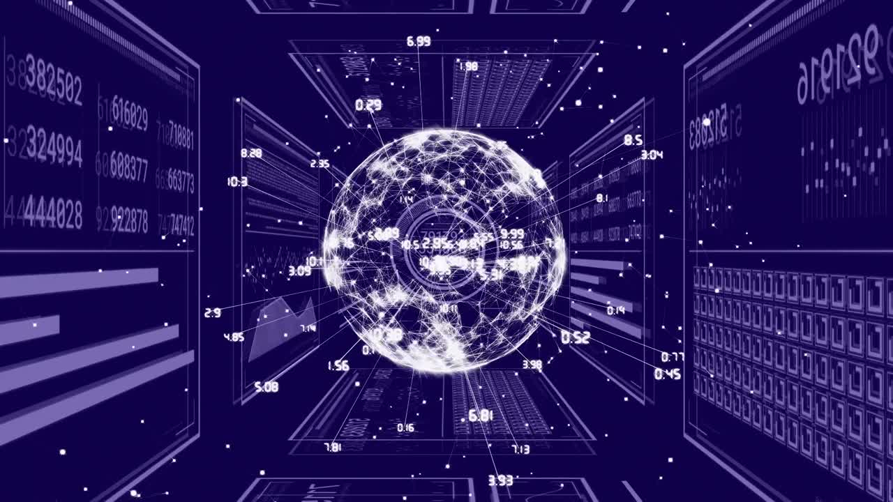 animación de procesamiento de datos y globo con red de conexiones sobre fondo negro