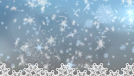 digital animation of snowflakes falling against spot of light on blue background