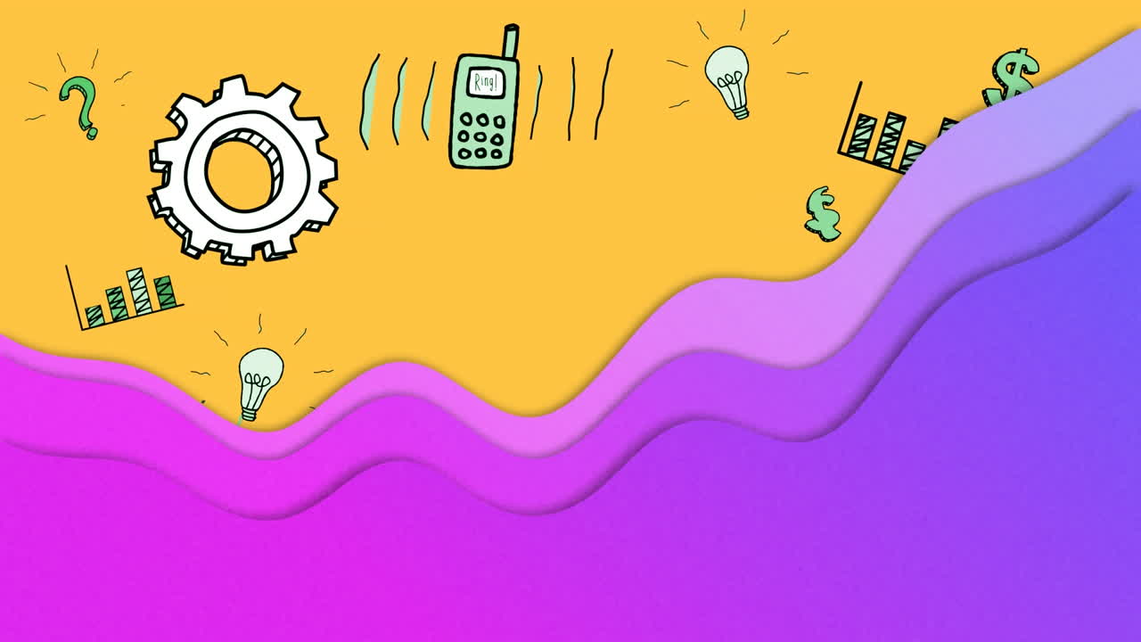 Digital animation of purple liquid shape over multiple business concept icons on yellow background