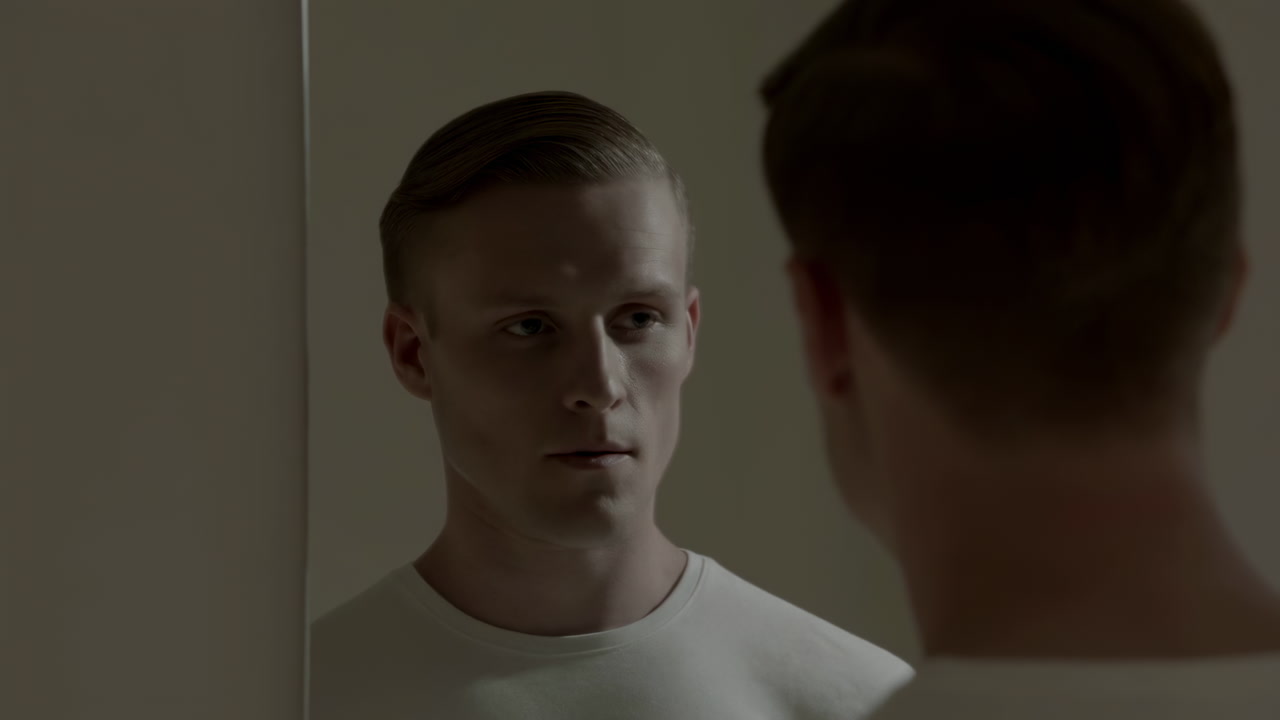 Man Facing Mirror Reflection, Tense Introspection Closeup Portrait In Dim Bathroom Interior, Muted Lighting,