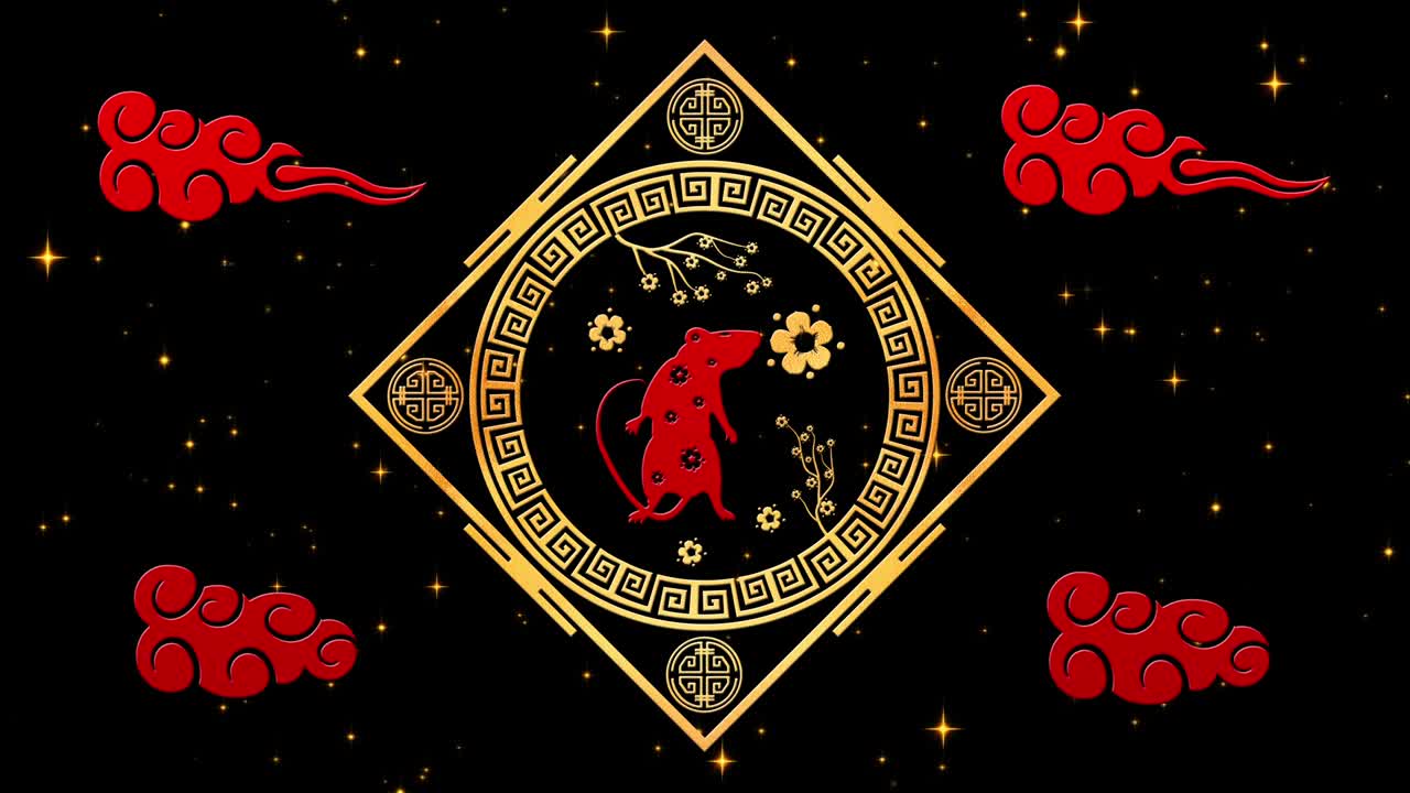 fondo de año nuevo chino negro con oro, rata, 3d rendering bucle 4k. mágica feliz año nuevo animación