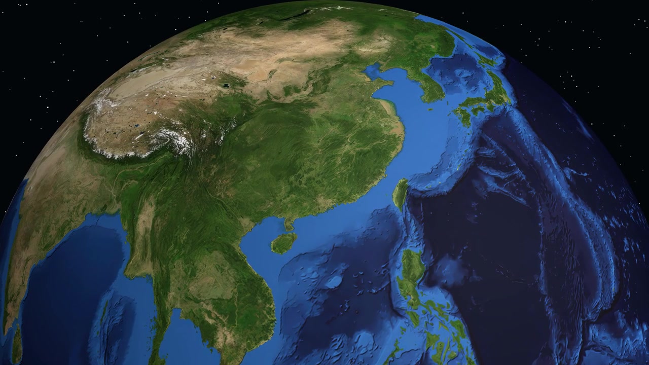 Animazione digitale che si ingrandisce dallo spazio verso Shaoguan, Cina, con etichette di testo e marcatori di coordinate