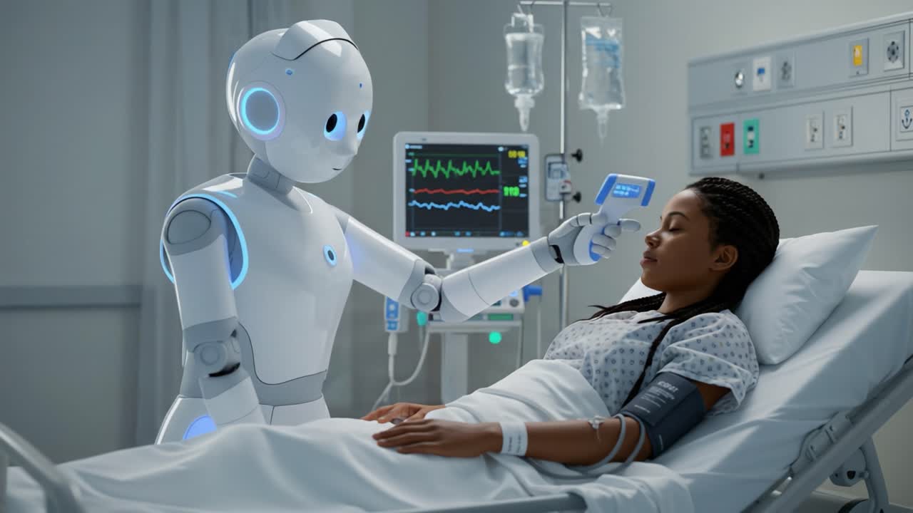 A Futuristic Interaction in Healthcare: A Robotic Assistant Monitors Patient's Vital Signs in a Modern Medical Setting, Showcasing Advanced Technology in Patient Care