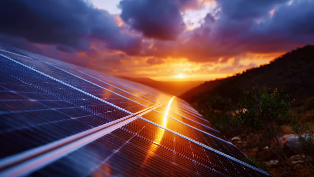 Stunning Solar Panels Glowing Under a Vibrant Sunset Sky Reflecting Nature's Beauty and Renewable Energy Innovation in a Serene Landscape