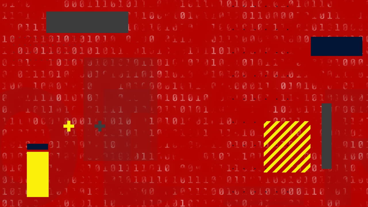 Animation of abstract shapes over binary coding data processing against red background