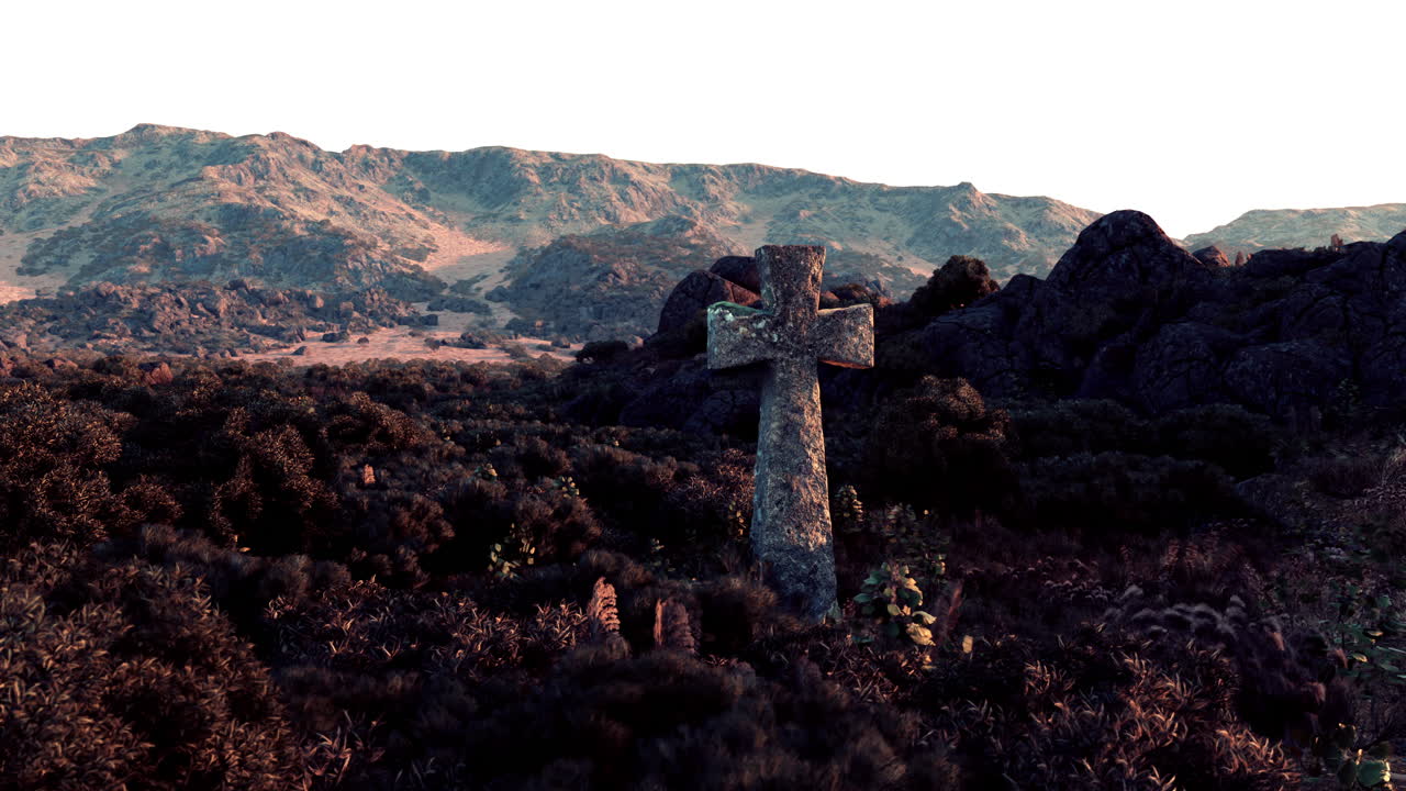 cruz de piedra en un campo con montañas en el fondo