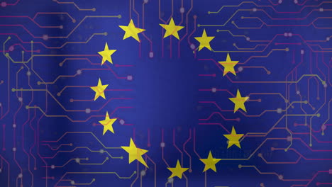 european union flag with circuit board animation over blue background