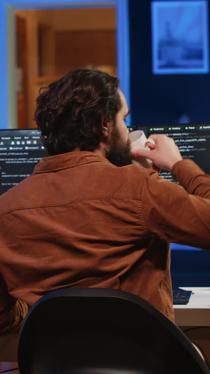Man Sits Down at Desk with Dual Monitors to Code at Night