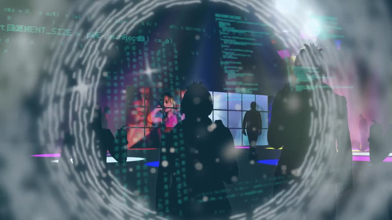 Data processing and light trails against disco lights over silhouettes of people dancing