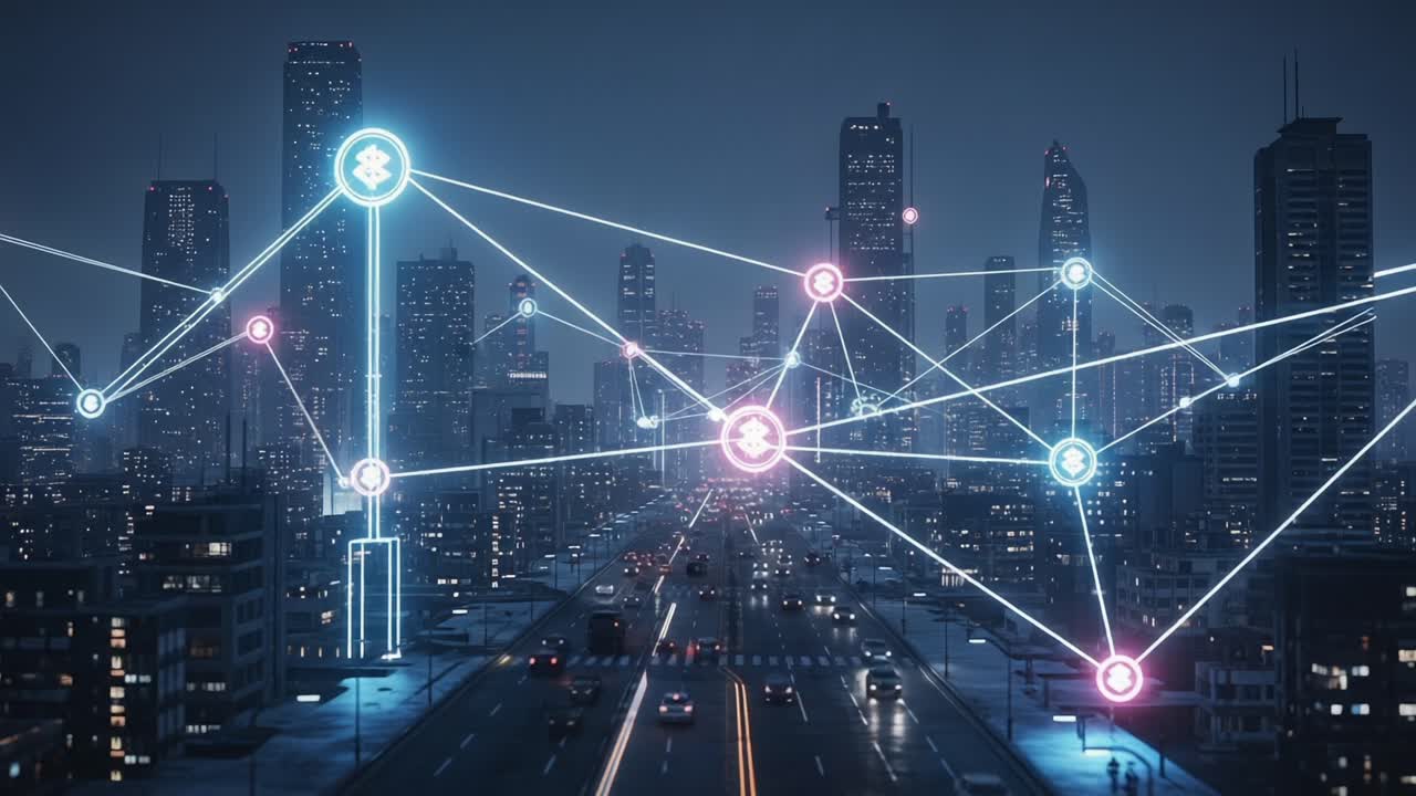 A Futuristic Cityscape Highlighting Digital Connectivity and Cryptocurrency Networks Amidst Skyscrapers Under a Night Sky