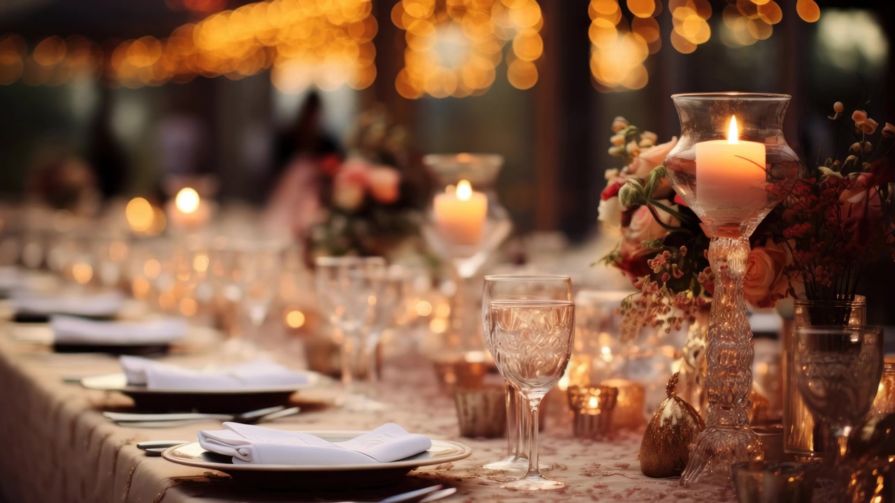 Elegant borddækning til bryllupsmiddag med levende lys og bokeh-baggrund