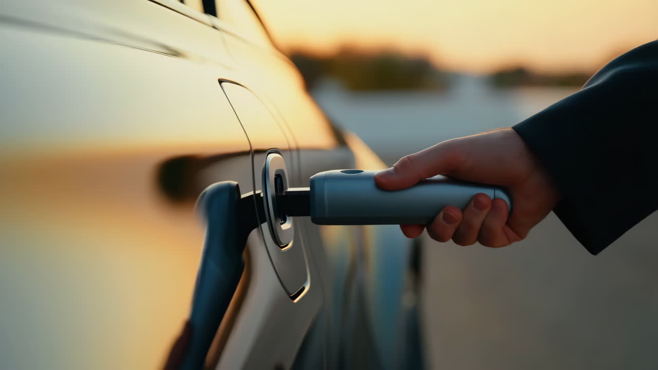 A person's hand plugging a charging cable into an electric car at sunset