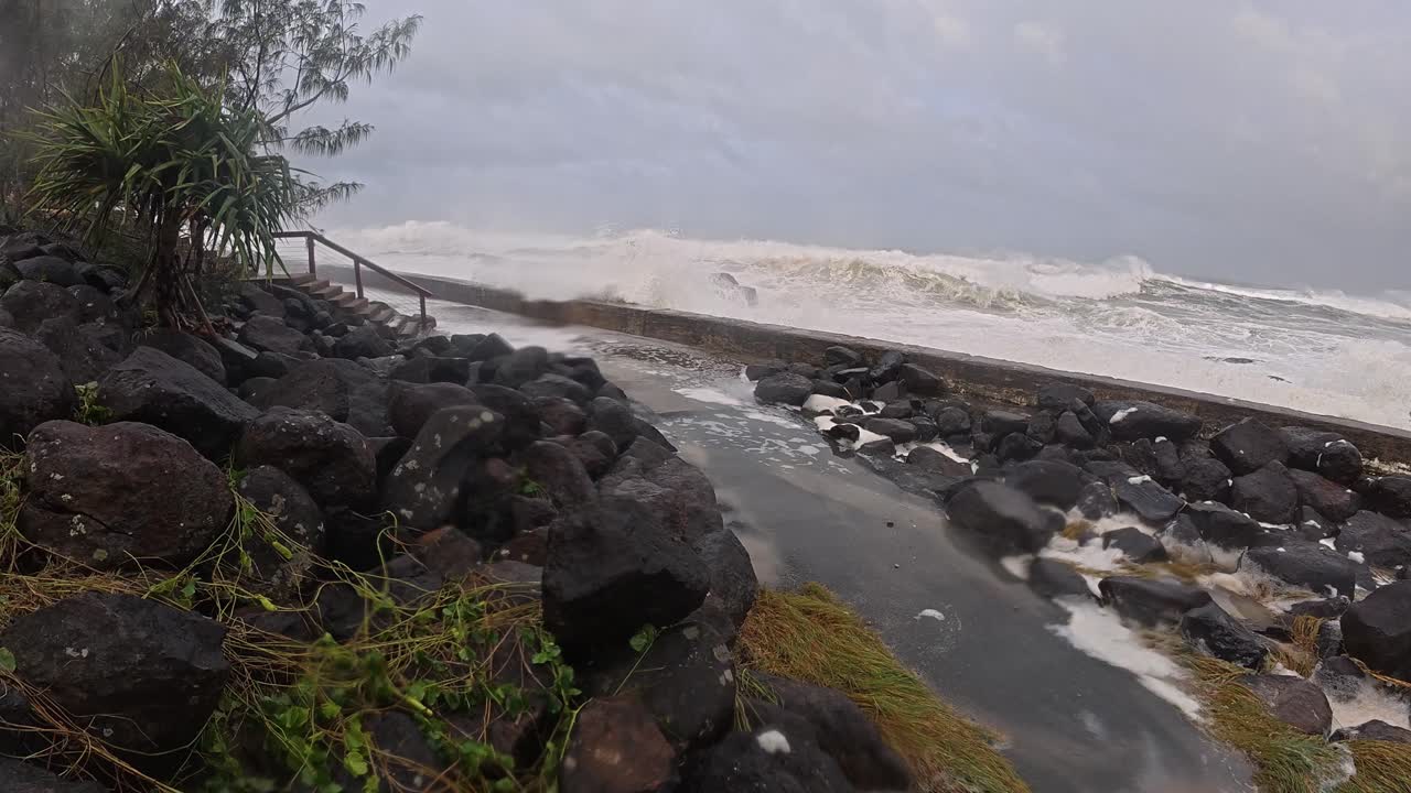 Intense Waves Smashing During Cyclone Alfred At Snapper Rocks, Gold Coast, Australia. panning shot