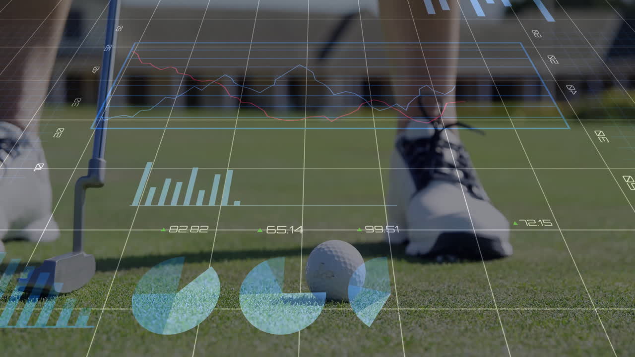 woman golfer drawing putter back behind ball on green, displaying data overlays for golf technology