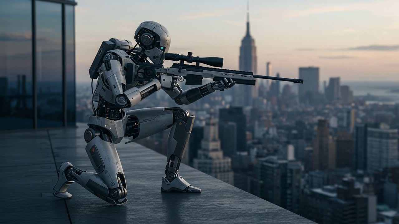 A Futuristic Robot Sniper Prepares for Precision Shooting in a Dystopian Cityscape at Dusk, Overlooking a Stunning Urban Skyline with Skyscrapers