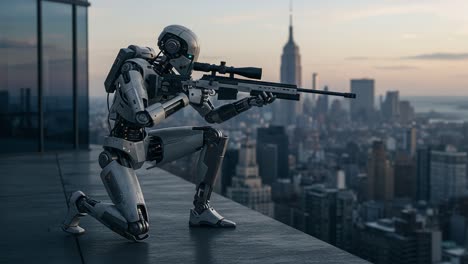 a futuristic robot sniper prepares for precision shooting in a dystopian cityscape at dusk, overlooking a stunning urban skyline with skyscrapers