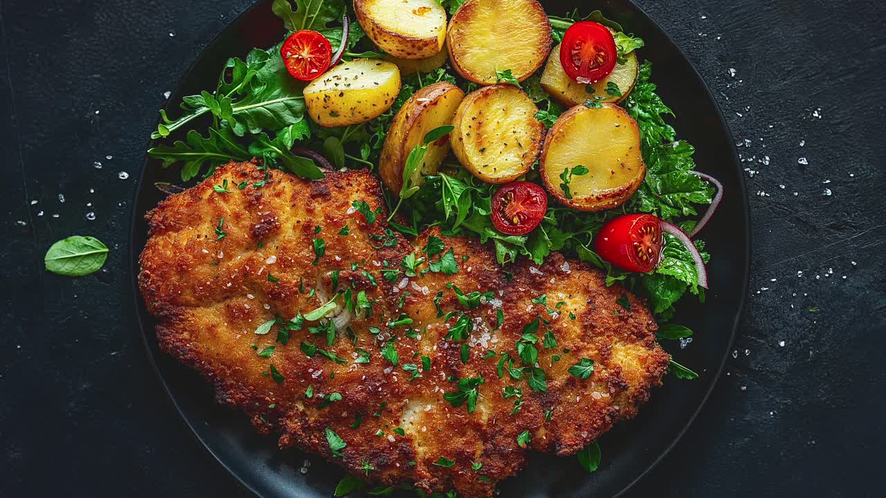 Delicious Breaded Schnitzel with Roasted Potatoes and Fresh Salad