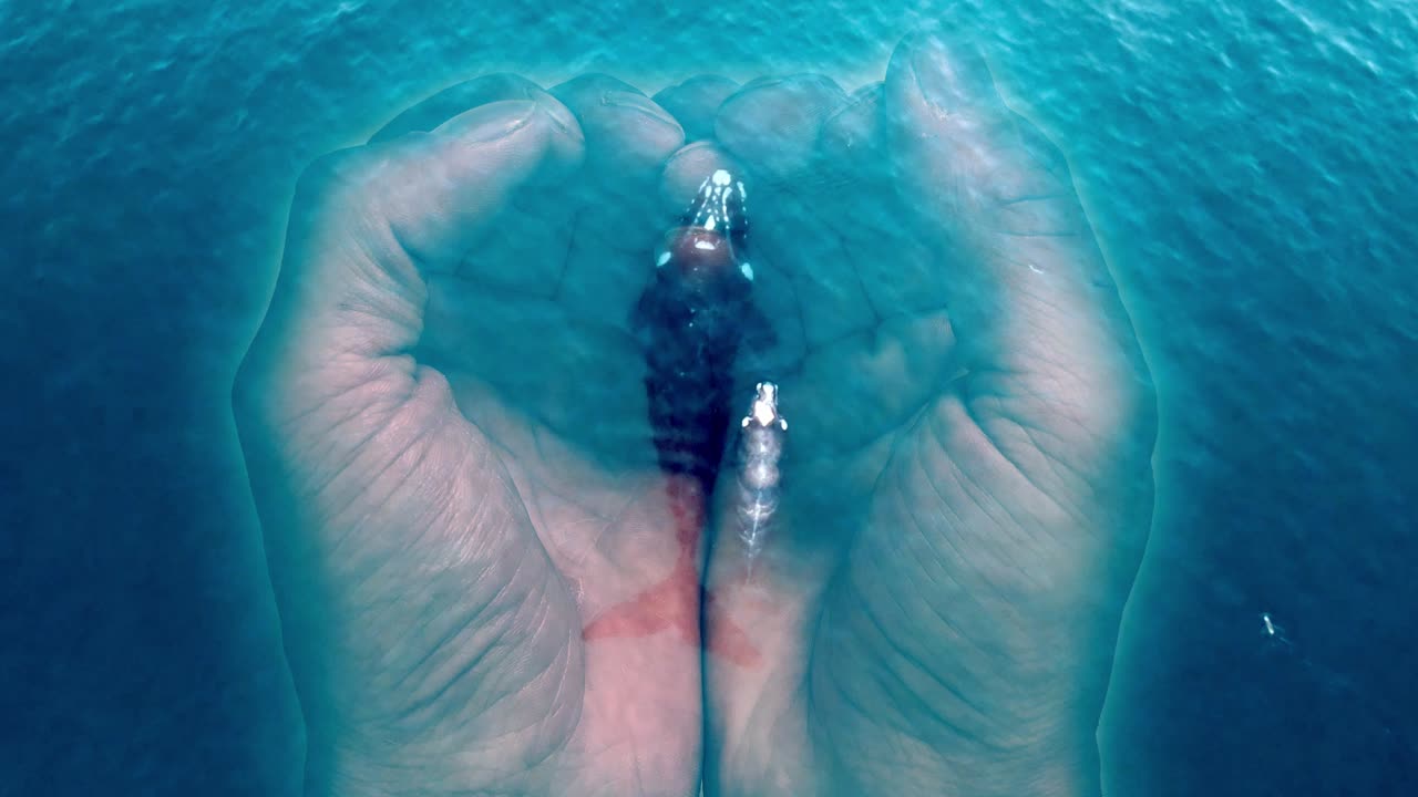 guardar el concepto de especies en peligro de extinción, manos en la palma símbolo del bienestar de las ballenas - animación de gráficos en movimiento 3d