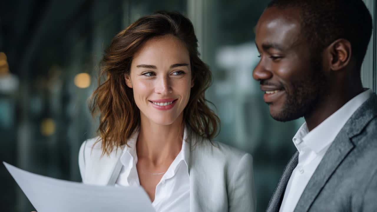Engaging Workplace Conversation Between Colleagues: A Dynamic Interaction Captured in Two Frames Illustrating Professional Collaboration and Positive Communication in a Modern Office Environment