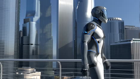 a futuristic robot or person in an advanced suit walks on a bridge with a modern city skyline