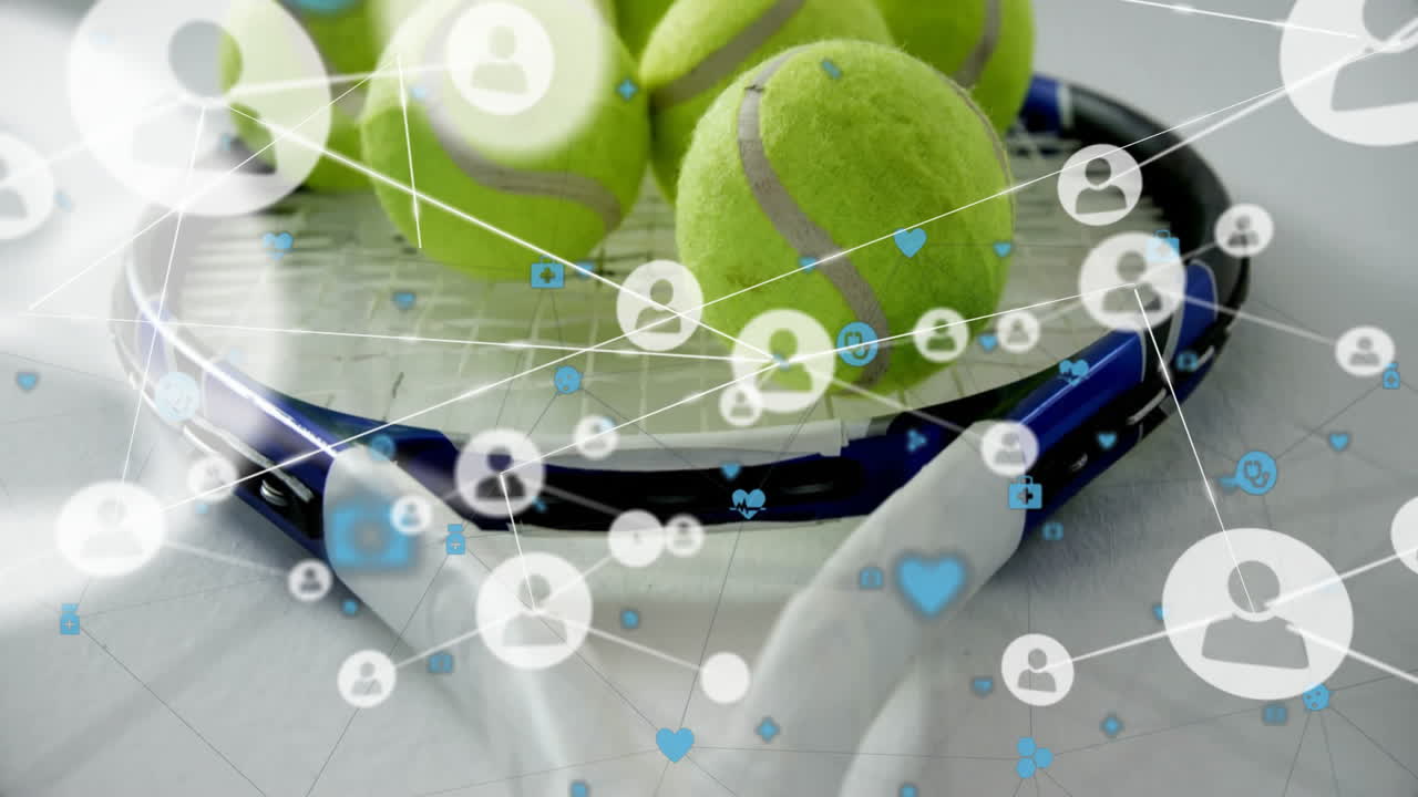 Cluster of green tennis balls floating on racket strings, showcasing digital network icons overlay
