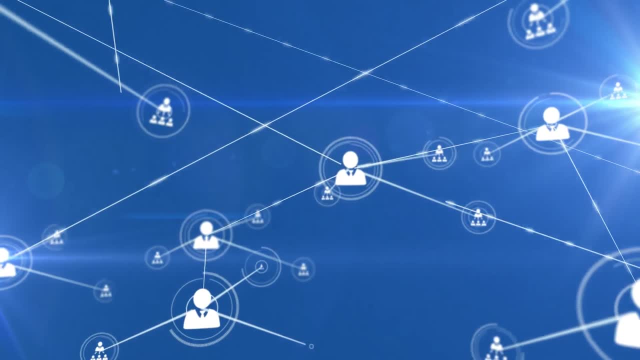 파란색 배경의 빛 트레일 위의 아이콘으로 연결 네트워크의 애니메이션