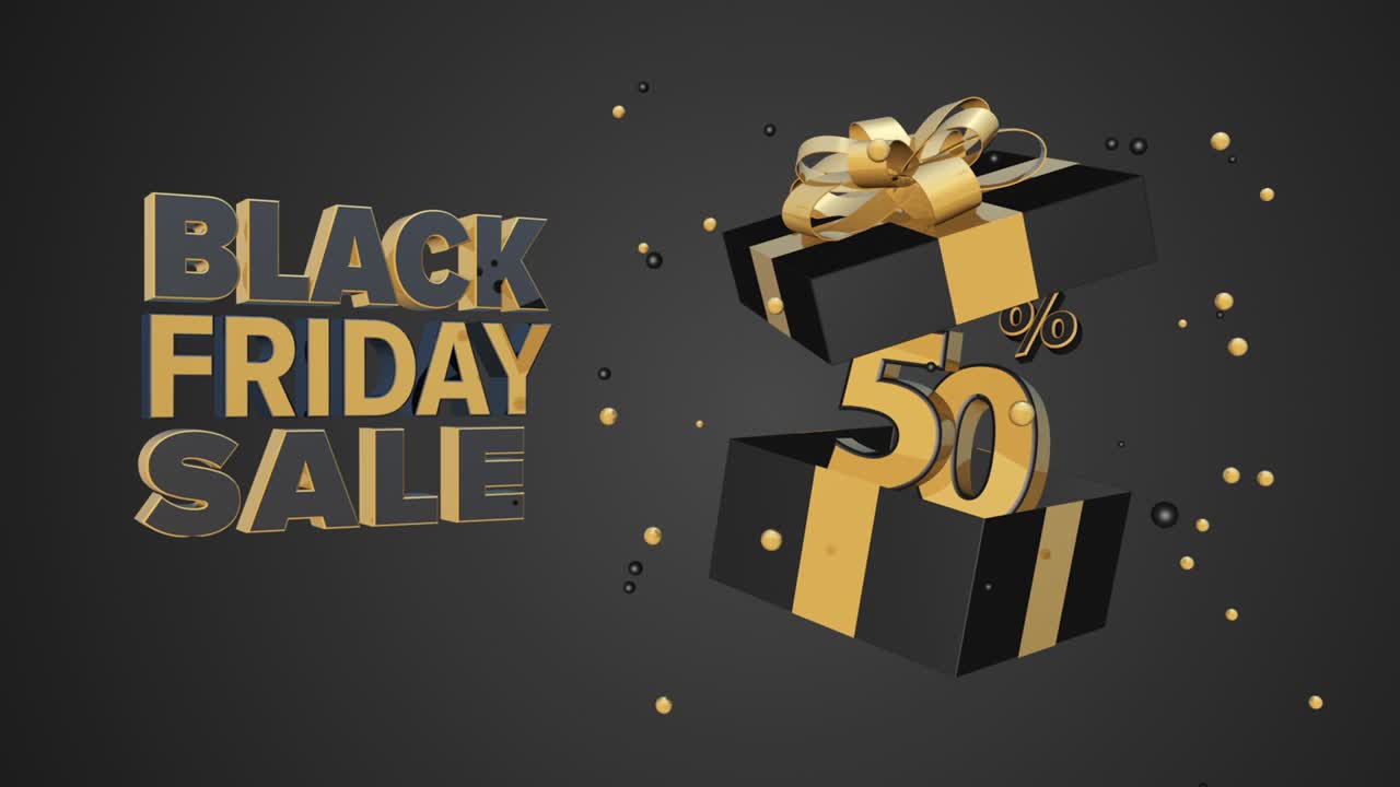 블랙 프라이데이 세일: 50% 할인, 제목과 선물 상자와 함께 4k 애니메이션