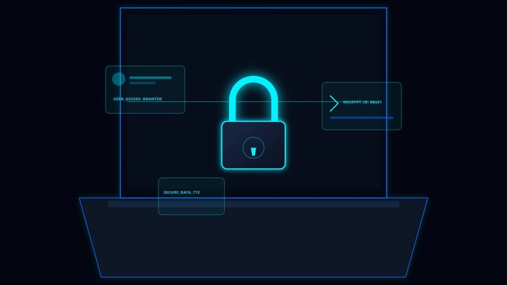 Concetto di sicurezza digitale con icona di lucchetto luminoso su schermo di laptop