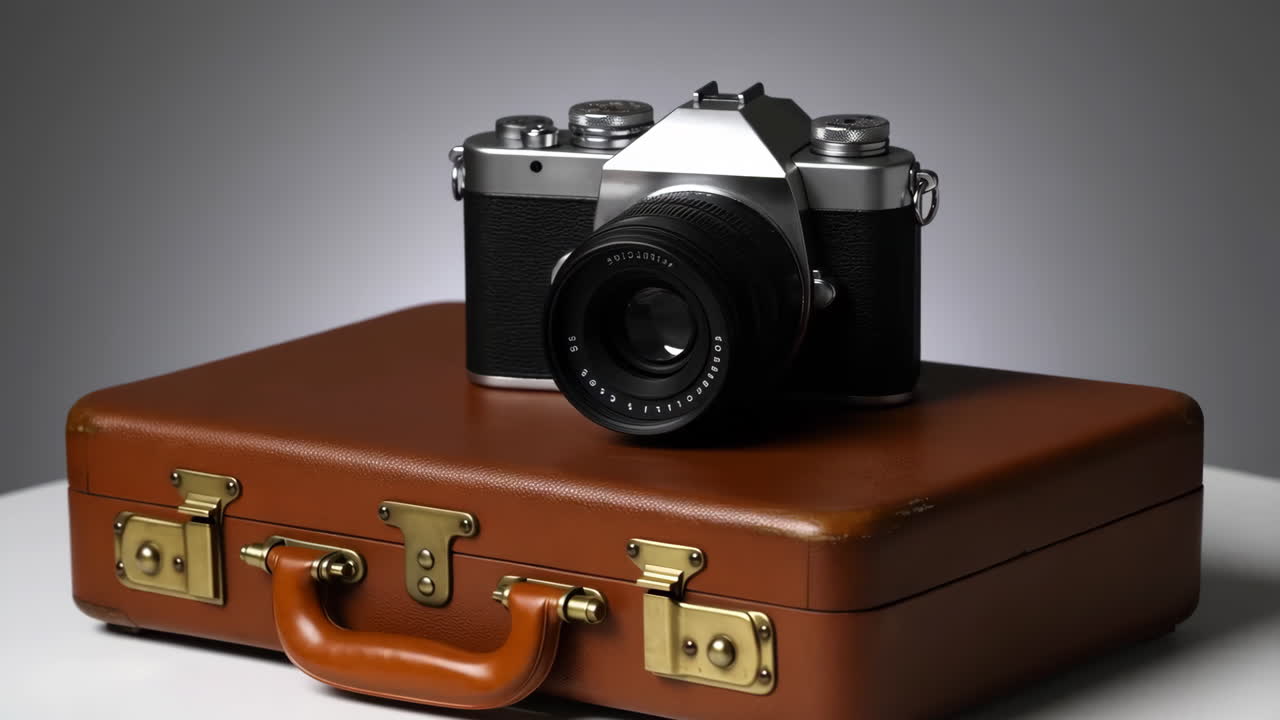 Vintage Camera on a Brown Suitcase