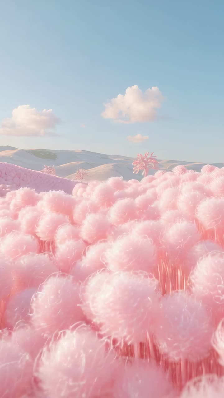 Video verticale: camera che scivola su un campo di ciuffi rosa con colline di palme rosa e cielo blu, due nuvole