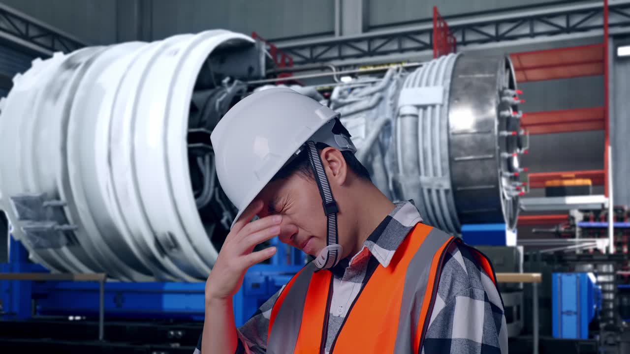 Close Up Side View Of Asian Male Engineer With Safety Helmet Having A Headache While Working With Airplane Engine Maintenance Conducted, Analytics Checking the Turbine