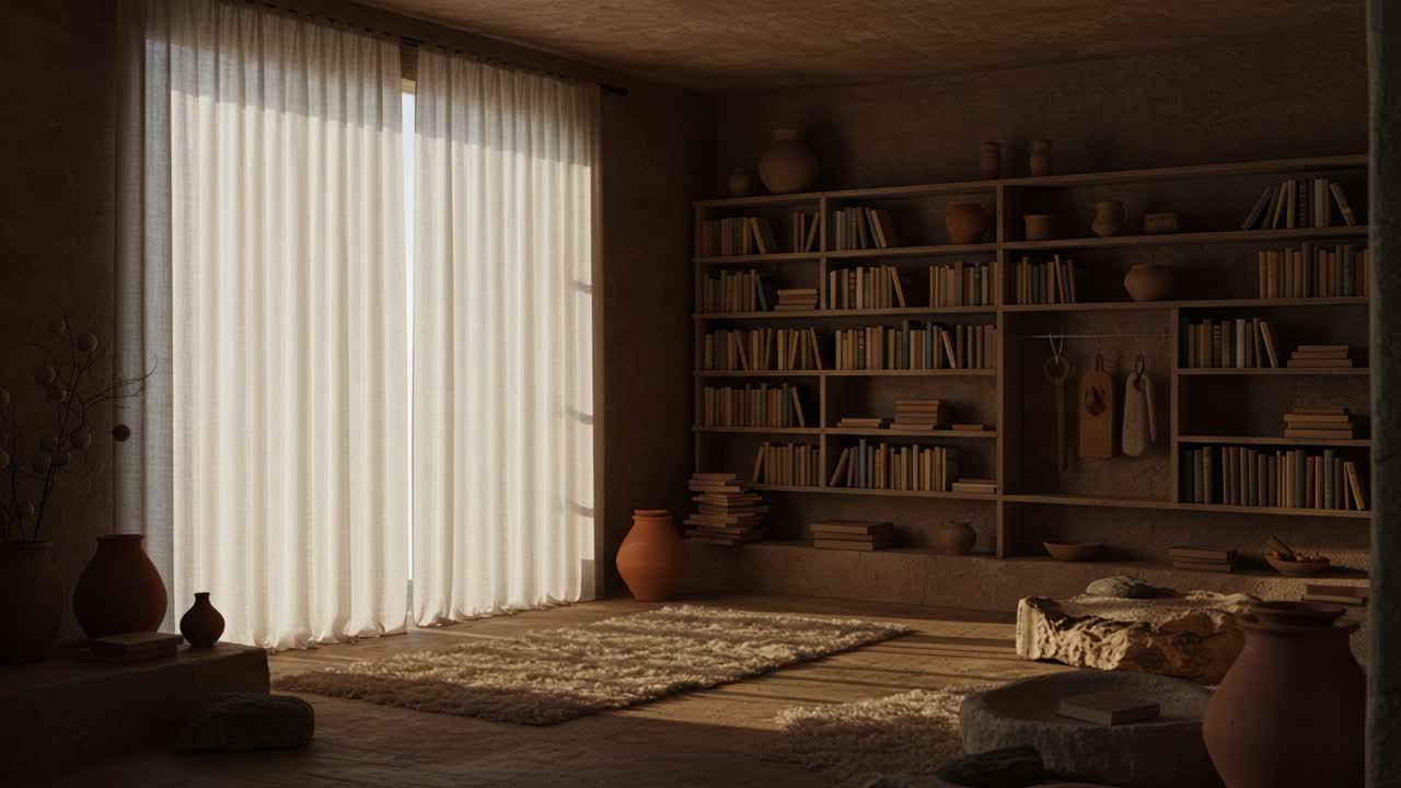 A Serene and Inviting Interior Scene with Soft Natural Light Filtering Through Sheer Curtains in an Earthy, Book-filled Room