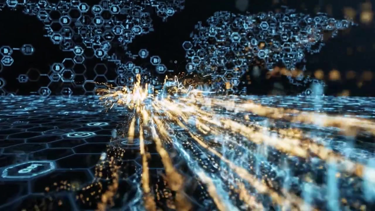 En dynamisk visualisering av digital anslutning och transformation som visar futuristiska mönster och datapunkter över ett hexagonalt rutnät.