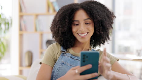 smile, woman and scroll on smartphone